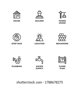 Vector set of design elements, logo design template, icons and badges for construction. Line icon set, editable stroke. 