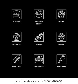 Vector set of design elements, logo design template, icons and badges for fastfood. Line icon set, editable stroke. 