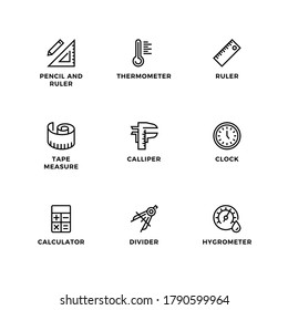 Vector set of design elements, logo design template, icons and badges for measuring. Line icon set, editable stroke. 