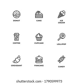 Vector set of design elements, logo design template, icons and badges for sweet-shop. Line icon set, editable stroke. 