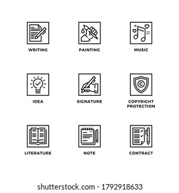Vector set of design elements, logo design template, icons and badges for copyright. Line icon set, editable stroke. 