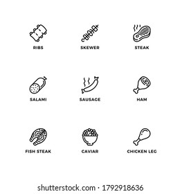 Vector set of design elements, logo design template, icons and badges for meat. Line icon set, editable stroke. 