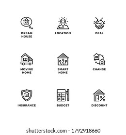 Vector set of design elements, logo design template, icons and badges for real estate. Line icon set, editable stroke. 