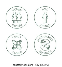 Vector set of design elements, logo design templates, icons and badges for sustainably made products in trendy linear style - family , women or people of color owned business with low environmental im