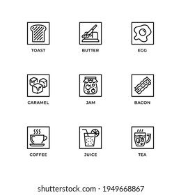 Vector set of design elements, logo design template, icons and badges for breakfast. Line icon set, editable stroke.