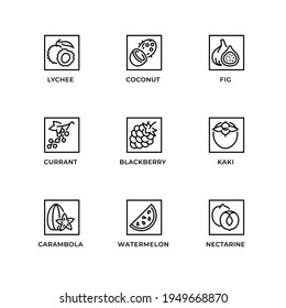 Vector set of design elements, logo design template, icons and badges for fruit. Line icon set, editable stroke.