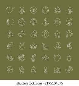 Vector set of design elements, logo design templates, icons, and badges in trendy linear style - zero waste and plastic-free concepts. Eco-friendly related thin line icon set in minimal style