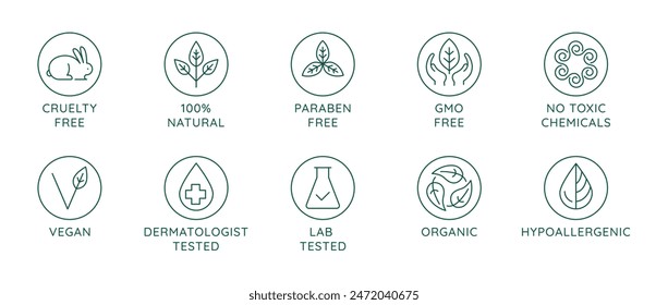 Vector set of design elements, logo design template, icons and badges for natural and organic cosmetics in trendy linear style - cruelty free, not tested on animals, paraben free, gluten free, organic