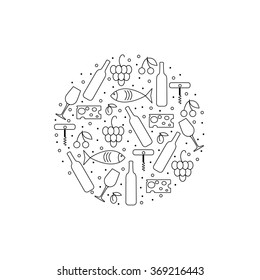 Vector set of design elements and logo. Linear wine bottle, glass, plum, cheese, grapes and cherries. Concept for wine list, bar or restaurant menu.  Food and drink flat background.