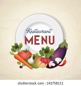Vector set of design elements for the menu on the chalkboard. Vector vegetables illustration with plate.