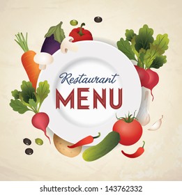 Vector set of design elements for the menu on the chalkboard. Vector vegetables illustration with plate.