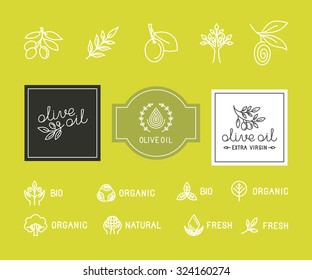 Vector set of design elements for packaging - linear icons, signs and logo design templates for extra virgin olive oil product