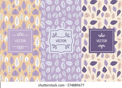 Vector set of design elements for packaging and seamless patterns with leaves - backgrounds and templates for organic and natural cosmetics and hand made products