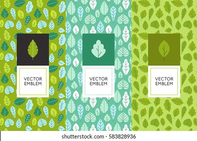 Vector set of design elements for packaging and seamless patterns with green leaves - backgrounds and templates for organic and natural cosmetics and hand made products 