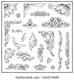 Vector set design elements: page decoration, borders, corners. Vector collection of isolated of exquisite ornamental and page decoration designs. Hand drawn sketches, engraving style