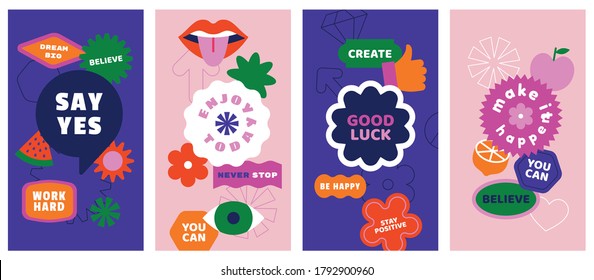 Vector set of design elements, patches and stickers with inspirational phrases - abstract elements for branding, packaging, prints and social media posts
