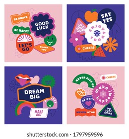 Vector Set Of Design Elements, Patches And Stickers With Inspirational Phrases - Abstract Elements For Branding, Packaging, Prints And Social Media Posts