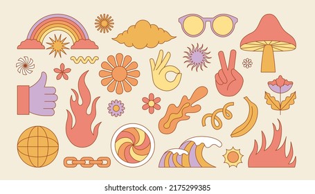 Vector set of design elements, patches and stickers - abstract background elements for branding, packaging, prints and social media posts - hippie groovy aesthetics and summer prints

