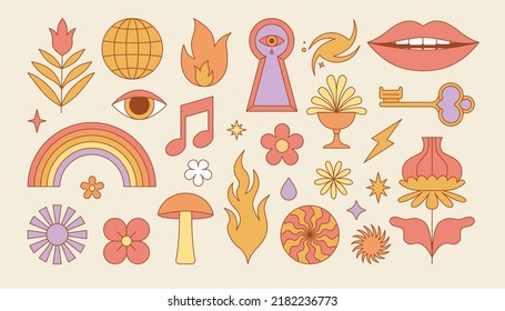 Vector set of design elements, patches and stickers - abstract background elements for branding, packaging, prints and social media posts - hippie groovy aesthetics and summer prints

