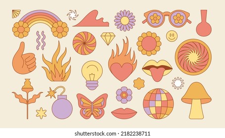 Vector set of design elements, patches and stickers - abstract background elements for branding, packaging, prints and social media posts - hippie groovy aesthetics and summer prints

