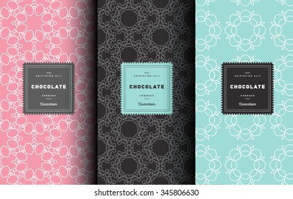 Vector set of design elements pattern for chocolate and cocoa packaging - labels and background, wallpaper in trendy  linear style. Pattern for cafe, sweet-shop, pastry shop