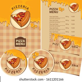 Vector set of design elements for a pizzeria. Menus, badges, business cards, and drink stands with a slice of pizza, melted cheese, and inscriptions on a checkered tablecloth background