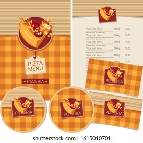 Vector set of design elements for pizzeria in retro style. Menu, business cards and coasters for drinks with slice of pizza and inscriptions on the background of checkered tablecloth