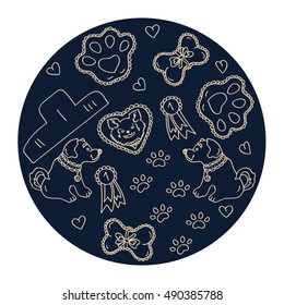 Vector set of design elements - puppy sitting, awards, heart, paw trace isolated on blue background  in flat style. Contour images - 2018 Chinese New Year of the dog