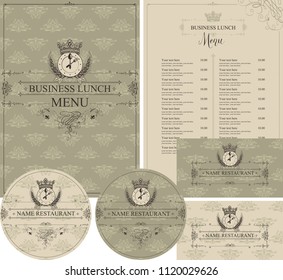 Vector set of design elements for restaurant with business lunch. Menu, business cards and coasters for drinks with crown, clock and cutlery in baroque style on background with floral pattern.