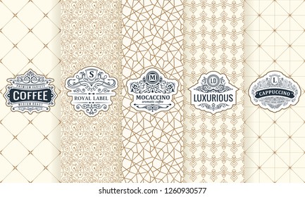 Vector set of design elements. Restaurant labels, icon, logo, frame, luxury packaging for the product. Vertical beige cards on a white background. Templates vintage ornament