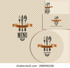 Vector set of design elements for a restaurant with beautiful vintage cutlery on a beige background. Menu cover, round drink stand and business cards in classic style