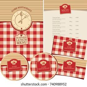 Vector set of design elements for restaurant with business lunch. Menu, business cards and coasters for drinks on the background of a checkered tablecloth and wooden planks with clock and cutlery