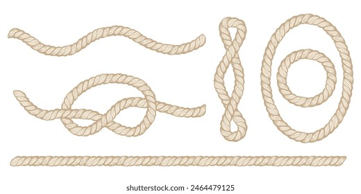 Vector set design elements with rope. Vector rope knot and frame.