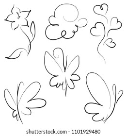 Vector set of design elements, seamless pattern with butterflies, cloud, flower, tree of hearts on a white background.