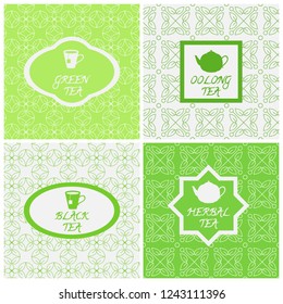 Vector set of design elements, seamless patterns and icons in trendy linear style. Oolong, herbal, black and green tea. Templates for packaging tea, logo, label, banner, poster, branding.