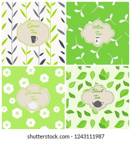 Vector set of design elements, seamless patterns and icons in trendy linear style. White, jasmine, black and green tea. Templates for packaging tea, logo, label, banner, poster, branding.