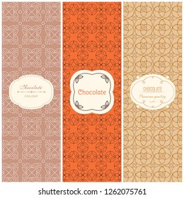 Vector set of design elements and seamless pattern for chocolate and cocoa packaging templates,in trendy linear style. Can be used for label, banner, poster, identity, branding.