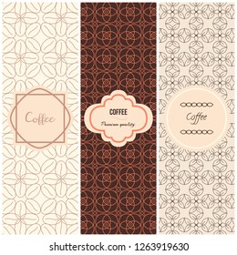 Vector set of design elements and seamless pattern for coffee packaging templates,in trendy linear style. Can be used for label, banner, poster, identity, branding.