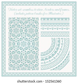 Vector set of design elements: seamless texture, borders, frames. EPS 10 vector includes pattern brushes for Illustrator. All frames are available under the clipping mask.