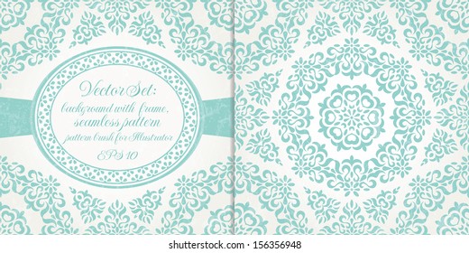 Vector set of design elements: seamless texture, background with frame, pattern brush for Illustrator. EPS 10 vector.