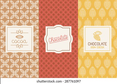 Vector set of design elements and seamless pattern for chocolate and cocoa packaging - labels and background in trendy  linear style