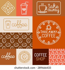 Vector set of design elements, seamless patterns and logo templates for coffee houses and shops - coffee to go signs and badges