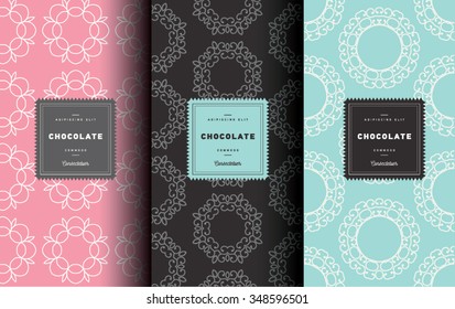 Vector set of design elements seamless pattern for chocolate and cocoa packaging - labels and background, wallpaper in trendy  linear style. Pattern for cafe, sweet-shop, pastry shop