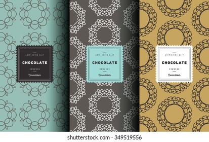 Vector set of design elements seamless pattern for chocolate and cocoa packaging - labels and background, wallpaper in trendy  linear style. Pattern for cafe, sweet-shop, pastry shop