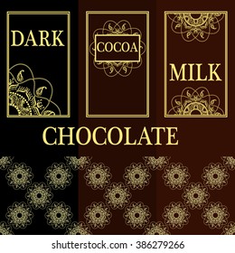 Vector set of design elements and seamless pattern for chocolate and cocoa packaging - labels and background.