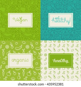 Vector set of design elements, seamless patterns and backgrounds for organic, healthy and vegan food packaging - green labels and emblems for vegetarian products, shops and websites 