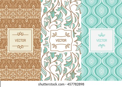 Vector set of design elements, seamless patterns and label templates for cosmetic and beauty product packaging or business card backgrounds, in trendy minimal linear style with floral ornaments 