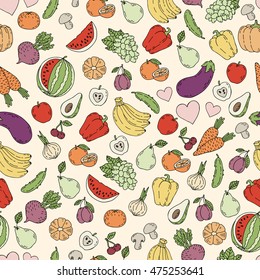 Vector set of design elements, seamless pattern and background for organic, healthy and vegan food packaging Fresh healthy organic food vector doodle hand drawn illustration.
