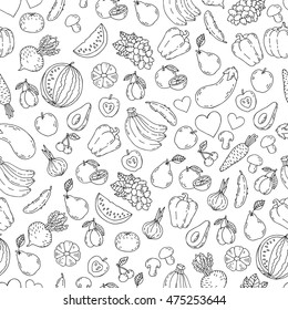 Vector set of design elements, seamless pattern and background for organic, healthy and vegan food packaging Fresh healthy organic food vector doodle hand drawn illustration.