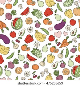 Vector set of design elements, seamless pattern and background for organic, healthy and vegan food packaging Fresh healthy organic food vector doodle hand drawn illustration.